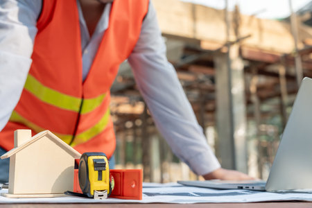 inspector or engineer is inspecting construction and quality assurance new house using a blue print....