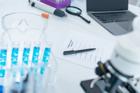 Chemical substance check list for chemical food residues in laboratory. Control experts inspect...