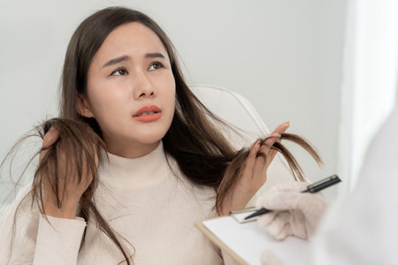 Asian woman very sad and upset looking at damaged hair, hair loss, hair thinning problem, vitamin deficiency, baldness, postpartum, biotin, zinc, menstrual or endocrine disorders,の写真素材