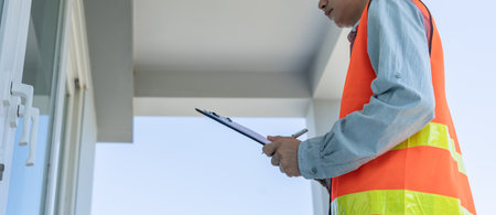 inspector or engineer is inspecting construction and quality assurance new house using a checklist. Engineers or architects or contactor work to build the house before handingの写真素材