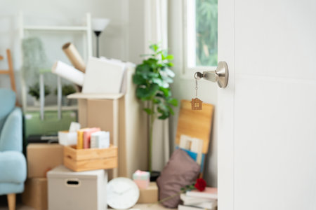 Moving house, relocation. The key was inserted into the door of the new house, inside the room was a cardboard box containing personal belongings and furniture. move inの写真素材