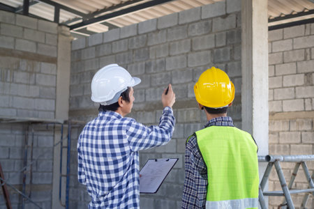 inspector engineer and owner project is inspecting construction and quality assurance new house. Engineers or architects or contactor work to build the houseの写真素材