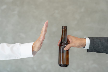refuses say no and avoid to drink an alcohol, hand show reject and stopping, alcoholism treatment,...