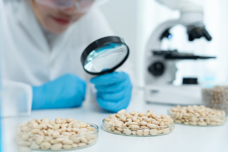 Scientist use magnifying glass to check physical occur from chemical on fruit and vegetable residues in laboratory. inspect the concentration of chemical residues, standardの写真素材