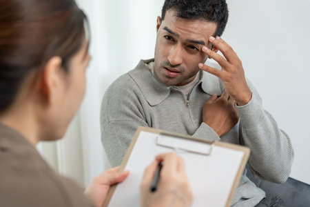 man explain mental health problems is consulting. psychiatrist is recording the patient's condition...