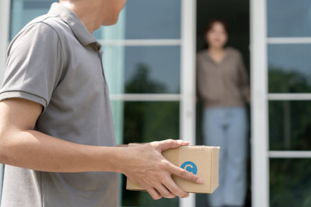 Delivery man send deliver express. online shop, paper container, takeaway, postman, delivery service, packages, electronic money, Digital paper bag, bag, customer, logistic,の写真素材