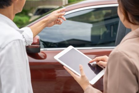 lease, rental car, sell, buy. Dealership advice customer for new Car. Sales, loan credit financial, rent vehicle, insurance, renting, Seller, dealer, installment, car care businessの写真素材