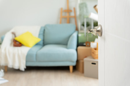 Moving house, relocation. The key was inserted into the door of the new house, inside the room was a cardboard box containing personal belongings and furniture.の写真素材