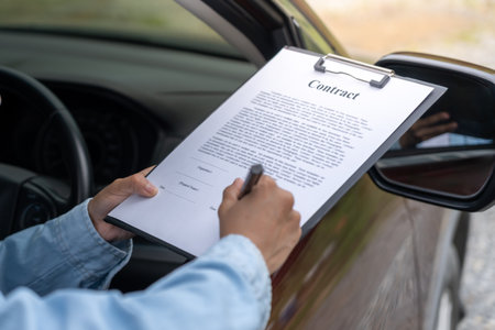 lease, rental car, sell, buy. Sign contract for new and used Car. Sales, loan credit financial, rent vehicle, insurance, renting, Seller, dealer, installmentの写真素材