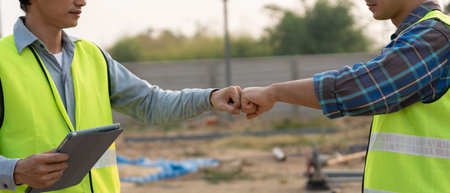 Construction team fist bump greeting start up plan new project contract in office center at...