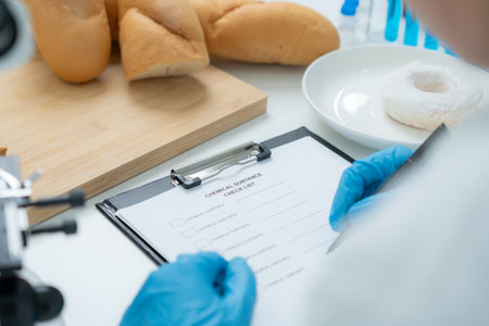 Scientist check chemical and fungus in laboratory. Control experts inspect the concentration of chemical residues. hazards, standard, prohibited substances, contaminate,の写真素材