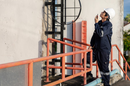 maintenance and inspector. Maintenance engineers are using walky talky to inform the results of inspection of buildings and structures. Irrigation engineersの写真素材