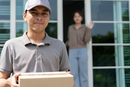 Delivery man send deliver express. online shop, paper container, takeaway, postman, delivery service, packages, electronic money, Digital paper bag, bag, customer, logisticの写真素材