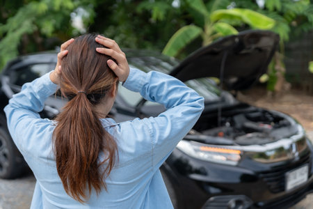 breakdown, broken car, repair. Stress Woman look engine during car accident . Find garage to get car fixed during country tour, waiting for help, emergency.の写真素材