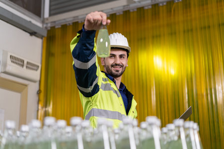 Factory of food or beverages, engineer check Conveyor for feed bottle, food or beverages on warehouse before send product to the customer. Quality control or assurance,の写真素材
