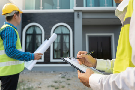 inspector engineer and owner project is inspecting construction and quality assurance new house. Engineers or architects or contactor work to build the houseの写真素材