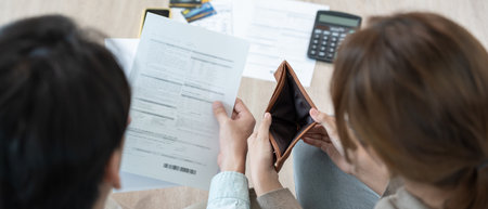 Stressed and headache asian couple with large bills or invoices no money to pay to expenses and credit card debt. shortage, Financial problems, mortgage, loan, bankruptcy,の写真素材
