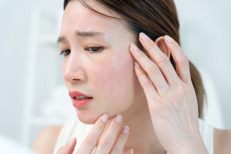 Woman worried about face Dermatology, rosacea dermatitis, allergic steroids, sensitive skin, red face from sunburn, acne, dry skin, large pores ,rash face, dull, freckles, wrinkle,の写真素材