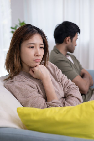 Divorce and quarrels. couples are desperate and disappointed after marriage. Husband and wife are sad, upset and frustrated after quarrels. distrust, love problems, betrayalsの写真素材