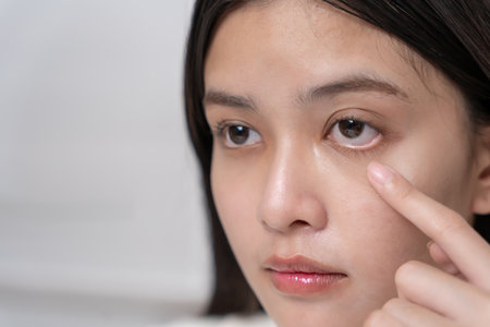 Eye problems, Asian women open eyes due to eye irritation, eye rubbing, dry, eye pain after work, migraine, headache, blurred vision, photophobia, working in the dark,の写真素材
