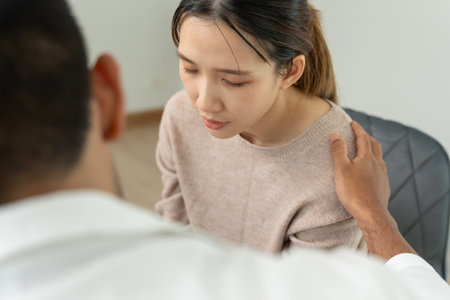 psychiatrist holds shoulders while discussing life and family issues. doctor encourages and empathy woman suffers depression. psychological, save divorce, Hand in hand togetherの写真素材