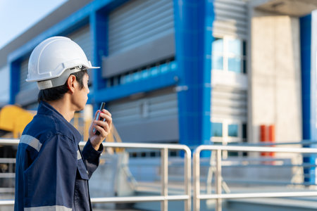 maintenance and inspector. Maintenance engineers are using walky talky to inform the results of inspection of buildings and structures. Irrigation engineers are exploringの写真素材