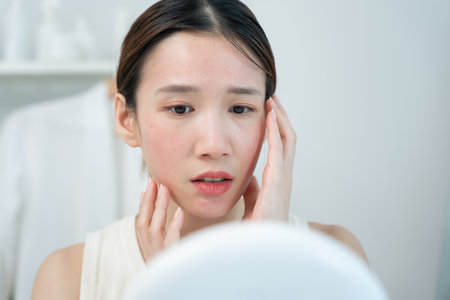 Woman worried about face Dermatology, rosacea dermatitis, allergic steroids, sensitive skin, red face from sunburn, acne, dry skin, large pores ,rash face, dull, freckles, wrinkleの写真素材
