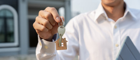 lease, rental and selling home. Real estate agent manager smile holding key for new owner. rent house, Sales, loan credit financial, insurance, Seller, dealer, installment,の写真素材