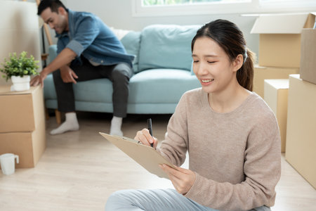 Move house, relocation. Woman using household checklist for new apartment Inside the room are cardboard boxes containing personal belongings and furniture. Move into a houseの写真素材