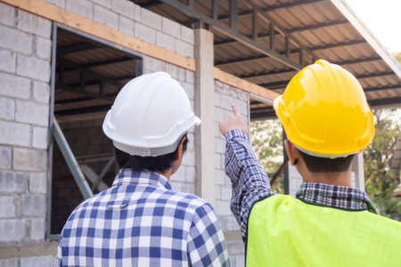 inspector engineer and owner project is inspecting construction and quality assurance new house. Engineers or architects or contactor work to build the houseの写真素材