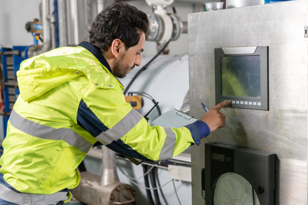 Engineers or factory managers wearing safety helmet inspect the machines in the production line. Utility inspector check machine and test the system to meet the standard. machineの写真素材