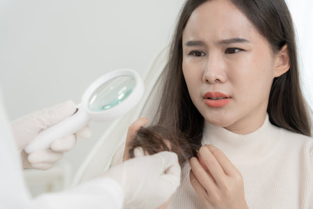 Specialist of hair recheck hair of Asian woman, damaged hair, hair loss, thinning problem, vitamin deficiency, baldness, postpartum, biotin, zinc, menstrual or endocrine disordersの写真素材