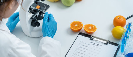 Scientist check chemical food residues in laboratory. Control experts inspect quality of fruits, vegetables. lab, hazards, ROHs, find prohibited substances, contaminate, Microscopeの写真素材