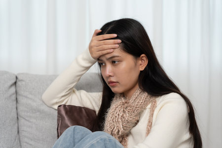 sick with a headache, seasonal influenza, allergic, high fever and influenza, resting, virus, coronavirus, feel illness, respiratory, cold and flu, exhaustion, infection, unwellの写真素材