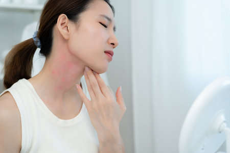 Skin and beauty problems Women have itchy skin and red rashes from cosmetic allergies, steroid allergies, sensitive skin, redness from sunlight, chemical allergies, rashesの写真素材