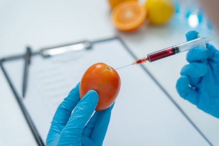 Scientist check chemical food residues in laboratory. Control experts inspect quality of fruit, scientists inject chemicals into apples for experiments, hazards,の写真素材