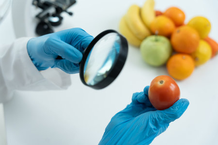 Scientist use magnifying glass to check physical occur from chemical on fruit and vegetable residues in laboratory. inspect the concentration of chemical residues, standardの写真素材