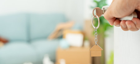 Moving house, relocation. Man open door in new apartment. move in new home. Buy or rent real estate. flat tenancy, leasehold property, new landlord, investment,の写真素材