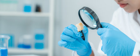 Scientist use magnifying glass to check physical occur from chemical in bake residues in laboratory. inspect the concentration of chemical residues, standard,の写真素材