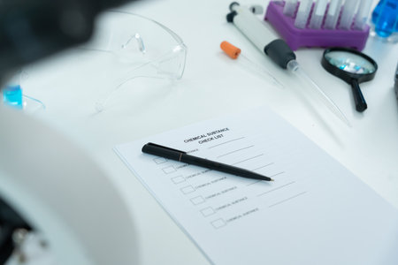 Chemical substance check list for chemical food residues in laboratory. Control experts inspect quality of fruits, vegetables. lab, find prohibited substances, contaminateの写真素材