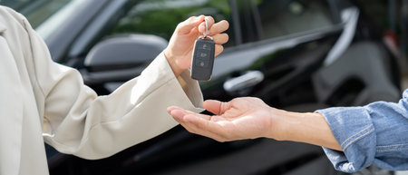 lease, rental car, sell, buy. Dealership manager send car keys to the new owner.  Sales, loan credit financial, rent vehicle, insurance,  renting, Seller, dealer, installment,の写真素材
