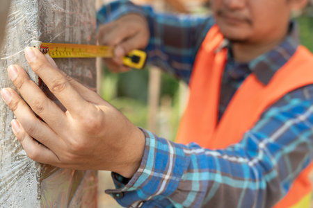 inspector or engineer is inspecting construction and quality assurance check dimension of house by using a tape measurement. Engineers or architects or contactorの写真素材