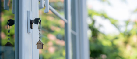 Landlord key for unlocking house is plugged into the door. Second hand house for rent and sale. keychain is blowing in the wind. mortgage for new home, buy, sell, renovateの写真素材