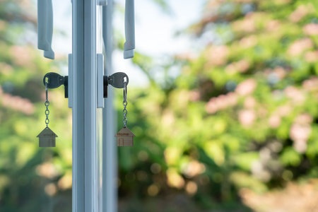 Landlord key for unlocking house is plugged into the door. Second hand house for rent and sale. keychain is blowing in the wind. mortgage for new home, buy, sell, renovateの写真素材