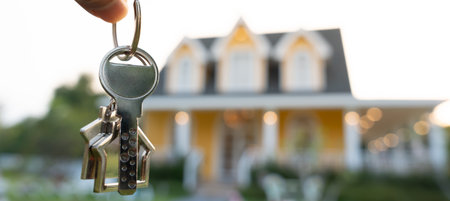 lease, rental and selling home. Real estate agent hold key for new house or real estate. rent house, Sales, loan credit financial, insurance, Seller, dealer, installment,の写真素材