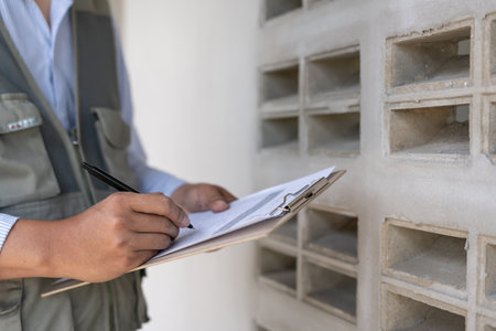 inspector or engineer is inspecting construction and quality assurance new house using a checklist. Engineers or architects or contactor work to build the houseの写真素材