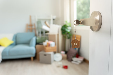 Moving house, relocation. The key was inserted into the door of the new house, inside the room was a cardboard box containing personal belongings and furniture.の写真素材
