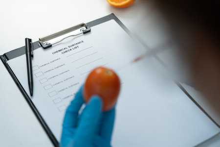 Chemical substance check list for chemical food residues in laboratory. Control experts inspect quality of fruits, vegetables. lab, find prohibited substances, contaminate,の写真素材