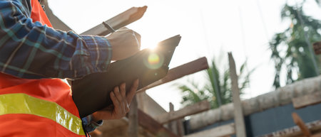 inspector or engineer is inspecting construction and quality assurance new house using a checklist. Engineers or architects or contactor work to build the houseの写真素材