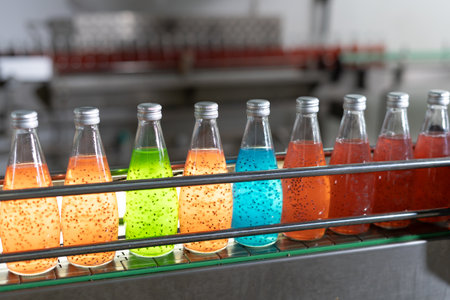 Factory of food or beverages, Conveyor for feed bottle, food or beverages on warehouse before send product to the customer. Quality control or assurance, Good standardの写真素材